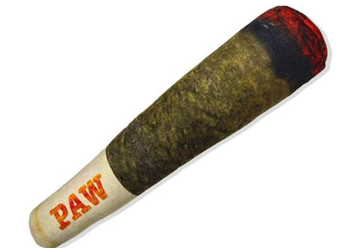 Chew toy shaped like a cigar with textured fabric and paw print detail for playful dogs.