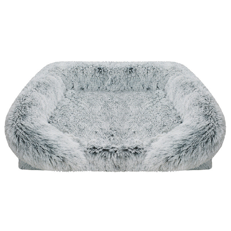 Plush gray square pet bed with raised edges, soft texture, and cozy modern design for indoor use