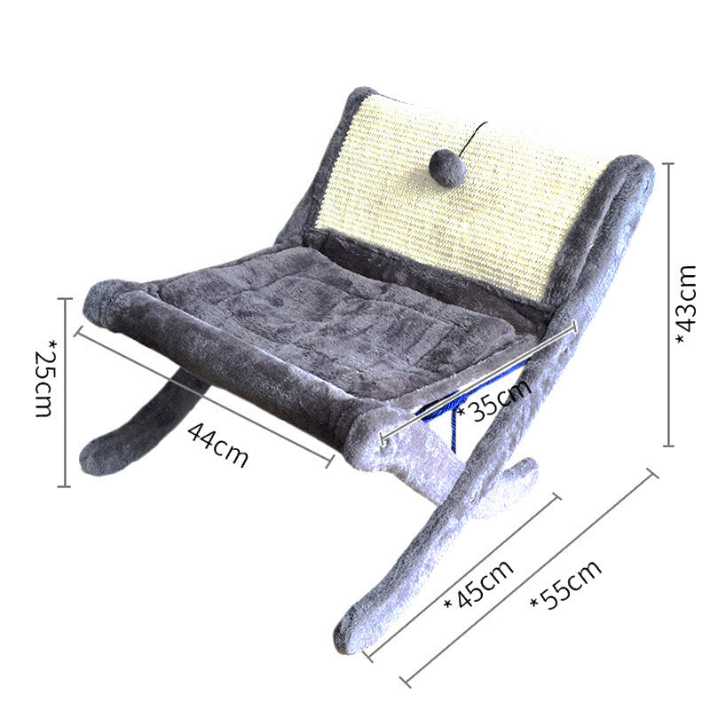 Plush indoor cat sofa bed with scratching panel and cozy lounge seat in neutral tones