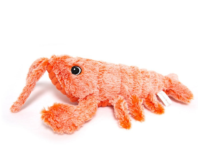 Plush interactive lobster-shaped cat toy in soft orange fabric with detailed texture and USB charging feature