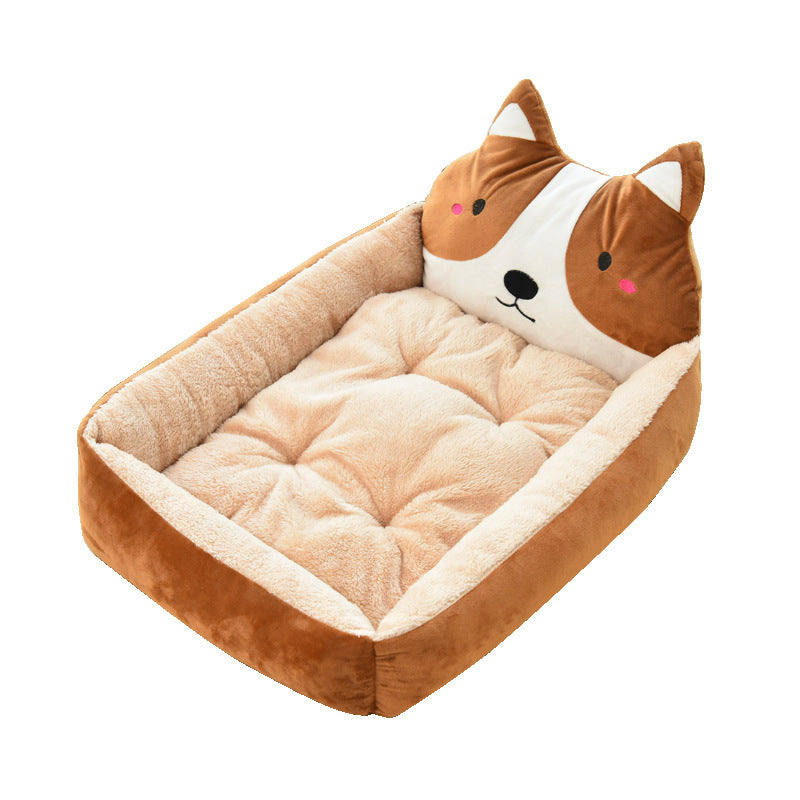 Plush fleece pet bed with cushioned walls and a cute dog face design for cozy luxury comfort