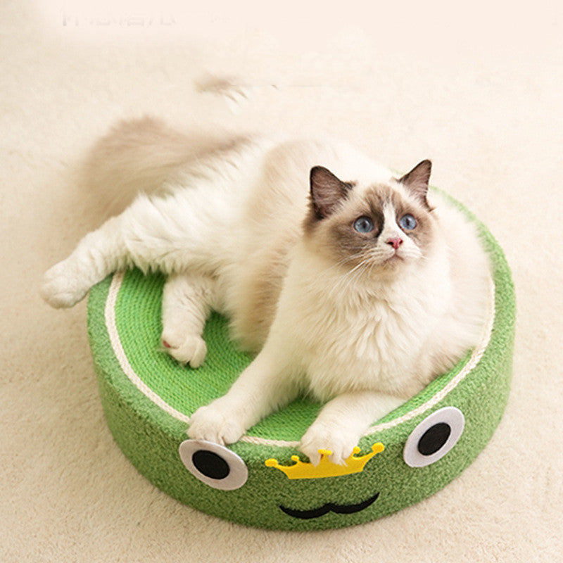 Soft green sisal scratch pad with a playful design, supporting cat claw care in luxury style.