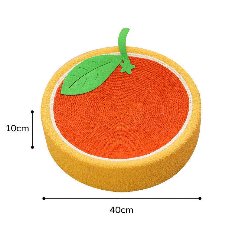 Round orange-inspired cat scratch pad with sisal texture and plush yellow edge featuring a green leaf detail