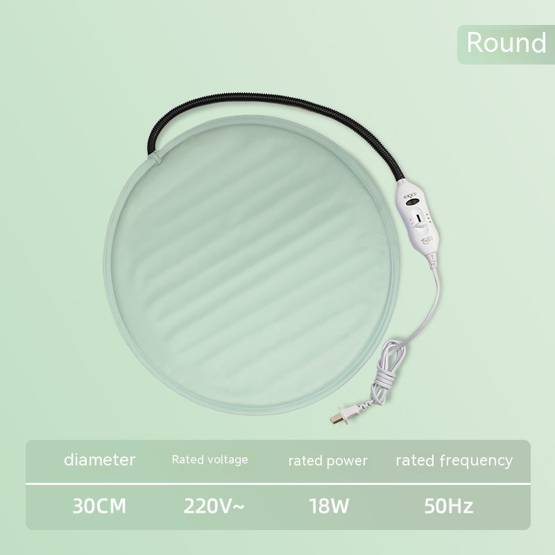 Round electric pet heating mat in soft green with adjustable control for cats and dogs