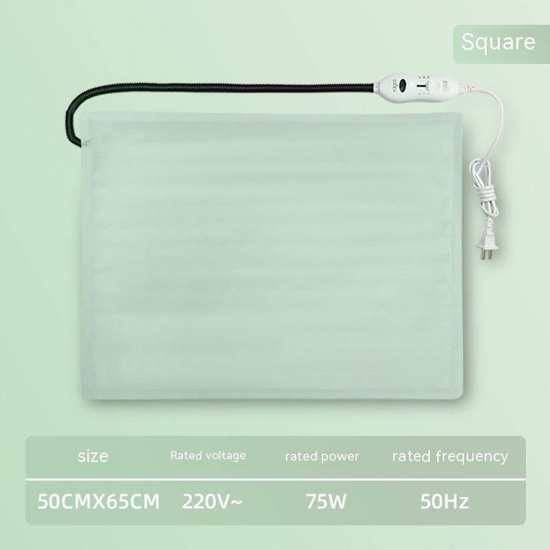 Light grey electric pet heating mat with adjustable controller, designed for cozy indoor use.