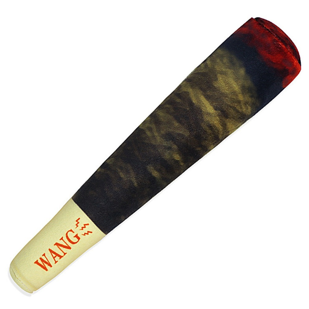 Textured chew toy for dogs with a playful cigar design in muted brown, black, and red tones
