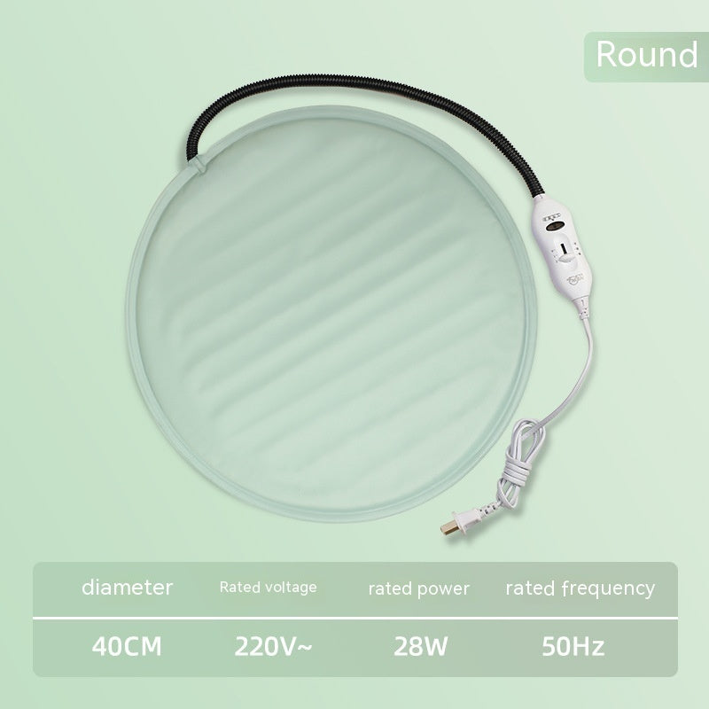 Round pet heating mat with soft fabric and adjustable electric controller in muted green tone