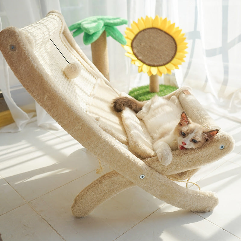 Cat lounging on a plush beige indoor pet sofa bed with textured fabric in a sunlit room.