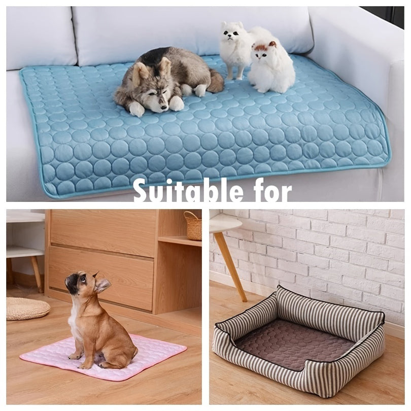 Blue textured cooling mat on sofa with toy pets, pink mat under small dog, striped pet bed nearby