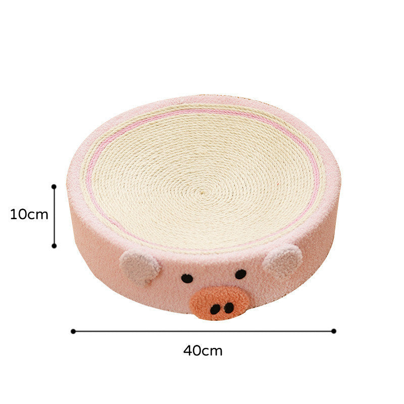 Round sisal scratching pad with soft pink plush sides and cute bear face design for cats