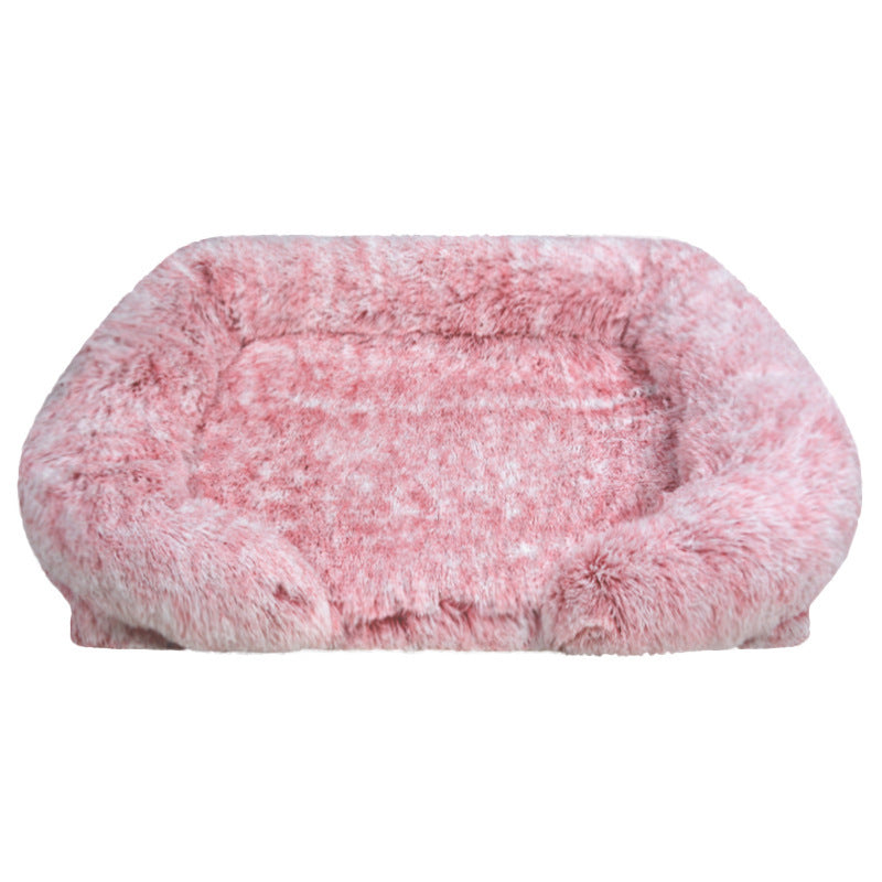 Square pink plush pet bed with soft texture and cozy raised sides for indoor luxury pet comfort