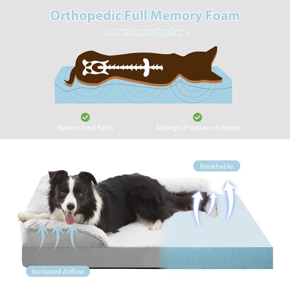 Black and white Border Collie lying on a gray orthopedic pet bed with breathable memory foam and airflow features