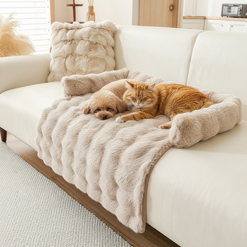 Hund und Katze auf detaillierter Luxus-Felldecke