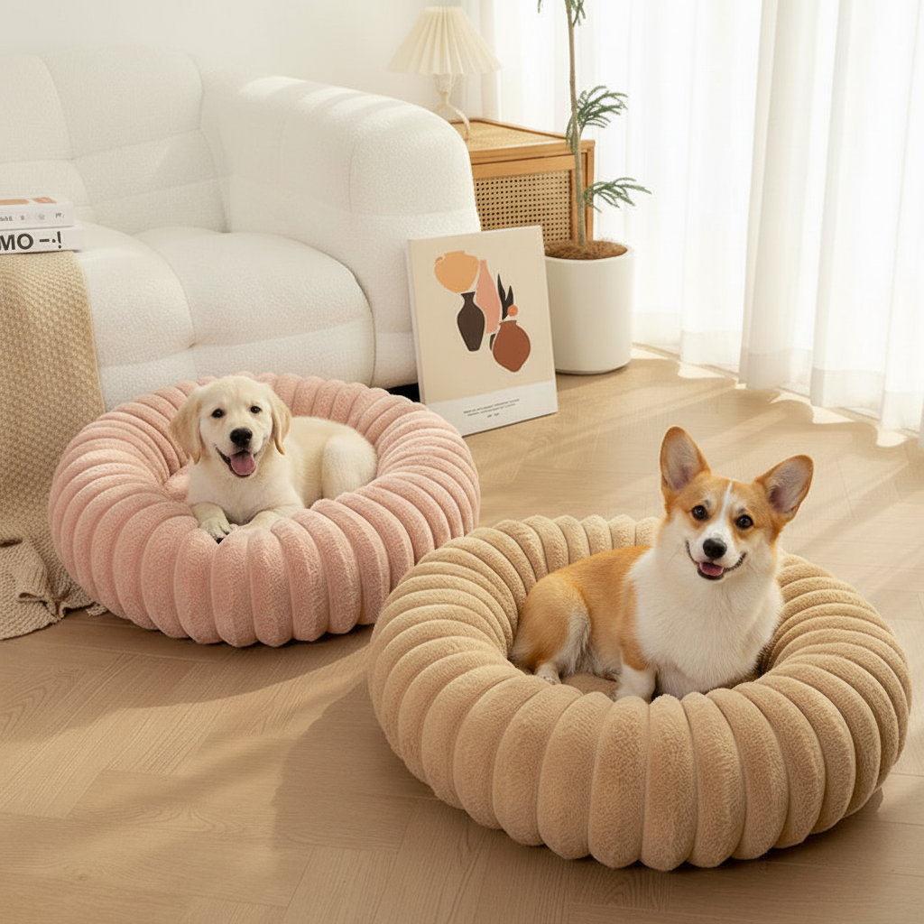 Zwei Hunde in fluffigen Hundebetten - Golden Retriever und Corgi