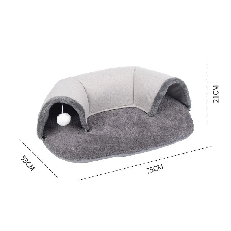 Plush cozy cat tunnel and sleeping nest in gray tones with soft texture and hanging toy ball