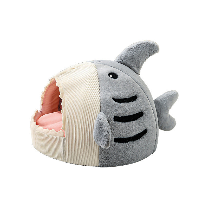 Cozy semi-enclosed shark-shaped pet den with soft plush texture for cats and small dogs