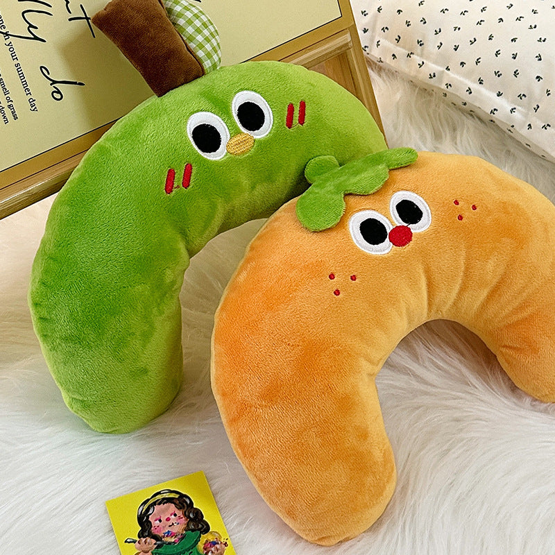 Plush U-shape cushions with playful fruit designs, soft texture, and cozy support for pets or neck comfort.