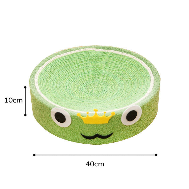 Round green sisal cat scratch pad with playful frog face design and durable texture-rich construction