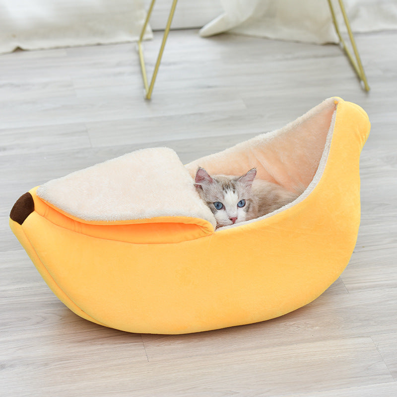 Cozy plush pet nest in banana shape with removable soft cover, perfect for luxury pet comfort