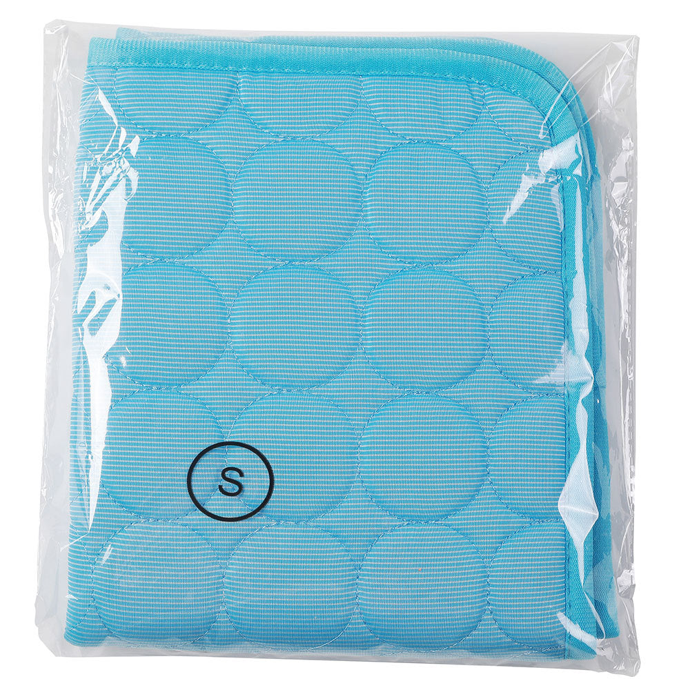 Light blue cooling pet mat with quilted texture, designed for comfort and durability in luxury pet furniture.