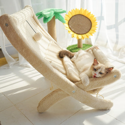 Cat lounging on a plush beige indoor pet sofa bed with textured fabric in a sunlit room.