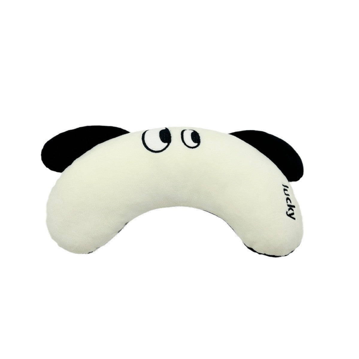Curved plush cat pillow with playful eye design and soft black ear accents for cozy pet comfort