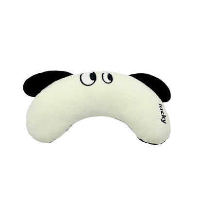 Curved plush cat pillow with playful eye design and soft black ear accents for cozy pet comfort