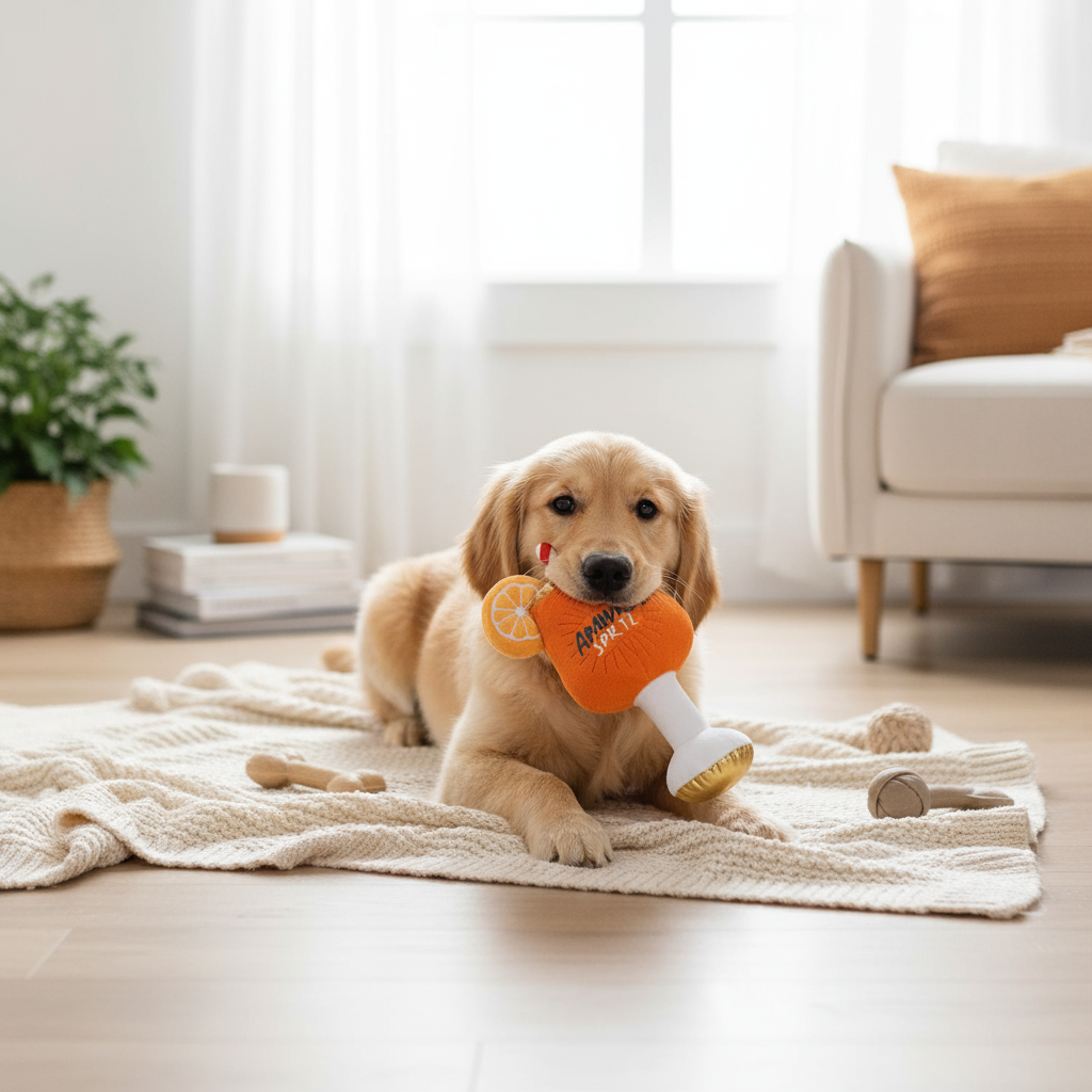 Golden retriever puppy lying on a cream knitted blanket playing with a bright orange squeaky dog toy
