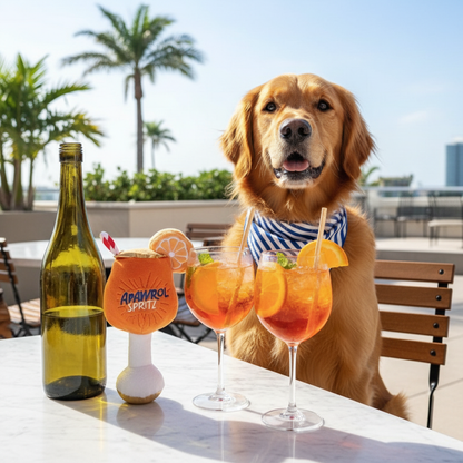 Golden retriever sitting at outdoor table with three orange drinks garnished with citrus slices and a bottle