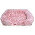 Square pink plush pet bed with soft texture and cozy raised sides for indoor luxury pet comfort