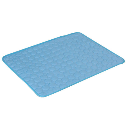 Light blue quilted cooling mat designed for pets, blending luxury and practical comfort for summer use.
