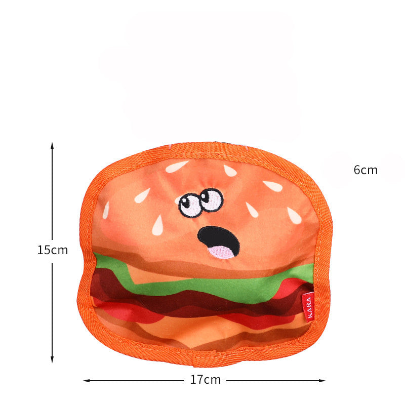 Durable interactive dog toy shaped like a colorful hamburger with soft fabric and crinkle texture