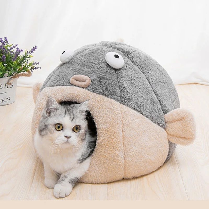 Cozy balloon fish pet bed in plush fabric with a modern, luxury design for indoor pets.