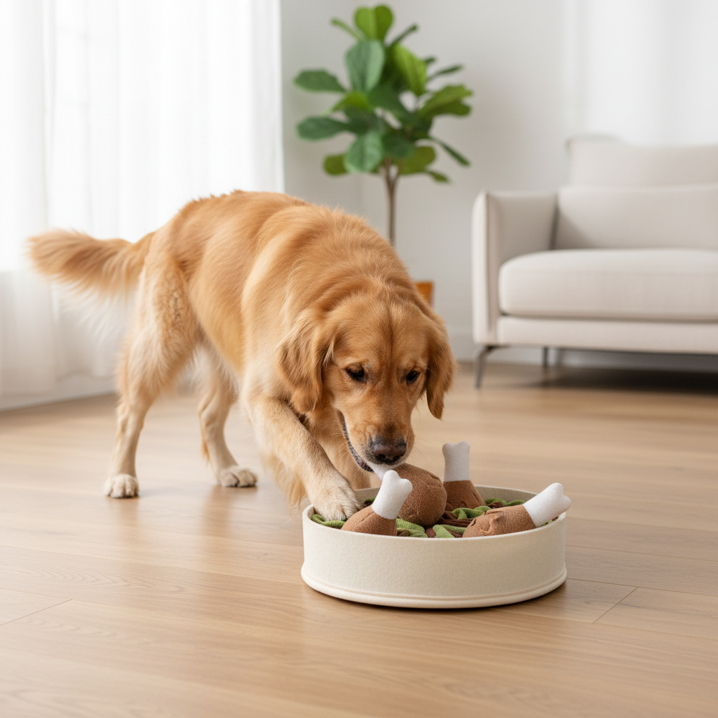 Hund spielt mit Snuffle Bowl
