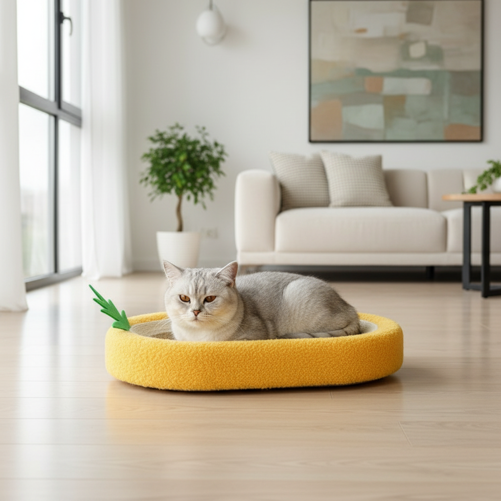 Produktfoto: Katze mit Ananas-Kratzboard